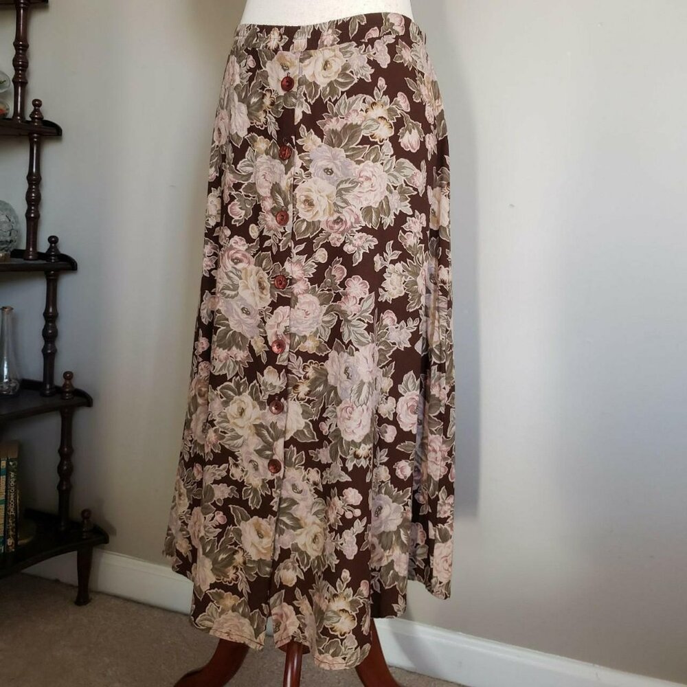 Susan Burrowes Vintage Floral Midi Skirt Medium Muted Pink / Brown